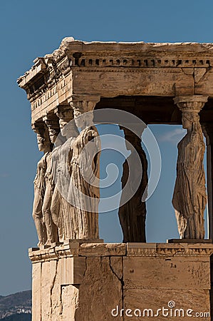 View of the Porch of the Maidens or Caryatid Porch from the The Erechtheion Stock Photo