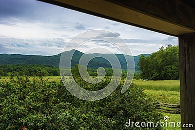 View from porch of an old Homestead Cabin in Cades Cove Tennessee Stock Photo