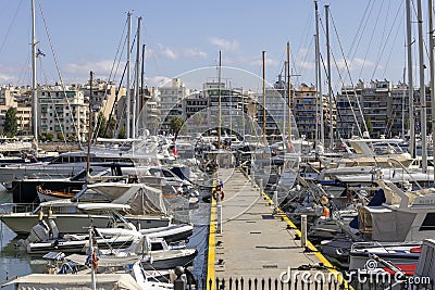 View of the port in the Bay of Zea with moored yachts, Athens, Piraeus, Greece Editorial Stock Photo