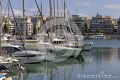 View of the port in the Bay of Zea with moored yachts, Athens, Piraeus, Greece Editorial Stock Photo