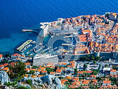 View of the port and the old town in Dubrovnik City. Stock Photo