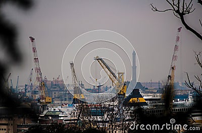 View of the port of Genoa and its cranes in Liguria in Italy Stock Photo