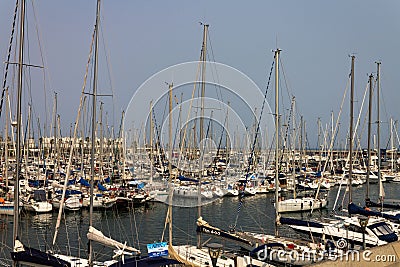 View of the Port Olimpic ,sailing boats, marina in Barcelona, Spain Editorial Stock Photo