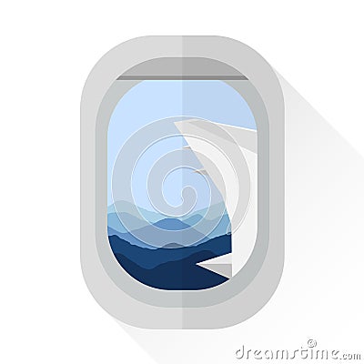 The view from the porthole of a passenger plane to the mountains, dawn, morning. Wing of the plane. Vector Illustration