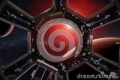 View from a porthole of space station on the Mars background. Stock Photo