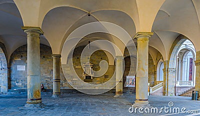 View of portico in front of the palazzo della Ragione, Bergamo, Italy...IMAGE Editorial Stock Photo