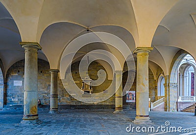 View of portico in front of the palazzo della Ragione, Bergamo, Italy...IMAGE Editorial Stock Photo