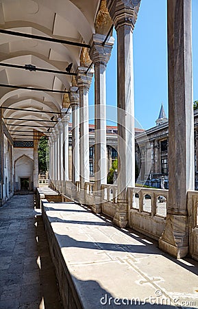 The view of portico roofed colonnaded terrace of The Tiled Kiosk. Istanbul Stock Photo