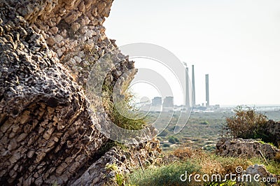 View of the power station from the side of Ashkelon National Park. Stock Photo