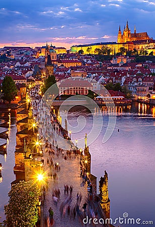 View of Prague castle and Charles bridge Stock Photo