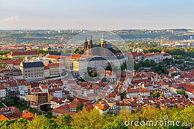 View of Prague Castle with St. Vitus Cathedral from Petrin Tower, Czech Republic Stock Photo
