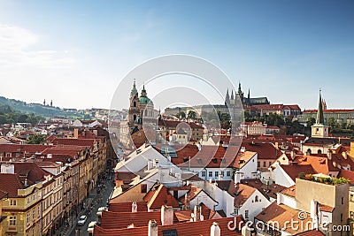 View of Prague rooftops, St. Vitus Cathedral and St. Nicholas Cathedral Editorial Stock Photo