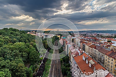 View of Prague taken from Nuselsky bridge on sunset captures typical local architecture from aerial perspective Stock Photo