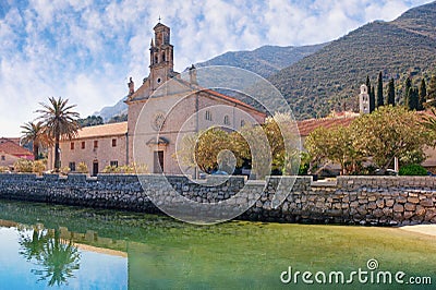 View of Prcanj town and St. Nicholas Church. Montenegro, Kotor Bay Stock Photo