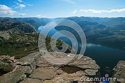 View from Preikestolen pulpit-rock cliff in Norway. Stock Photo