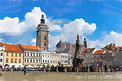 View of Premysl Otakar II. square in Ceske Budejovice - Watercolor style Stock Photo