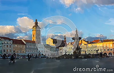 View of Premysl Otakar II. square in Ceske Budejovice - Watercolor style Stock Photo