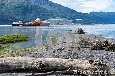 Shoreline of Old Town Valdez Alaska. Log in foreground. Commerical ship in background unidentifiable Editorial Stock Photo