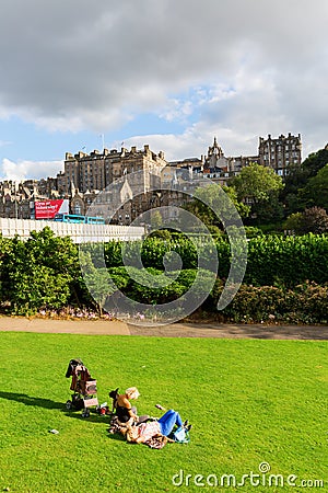 View from Princes Street Gardens to the old town of Edinburgh Editorial Stock Photo