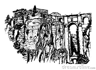 View of the Puente Nuevo bridge over the river Guadalevin in Ronda, Andalusia, hand drawn sketch graphic Vector Illustration