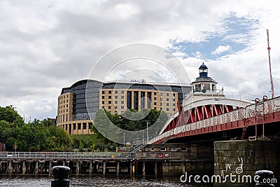 View of the Quayside, Newcastle upon Tyne, UK, with the Swing Bridge over the River Tyne Editorial Stock Photo