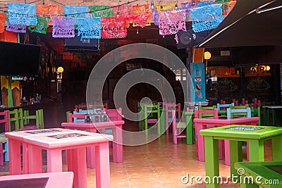 View of a quiet and colorful terrace in Playa del Carmen beach, Mexico Editorial Stock Photo