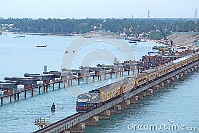 View of Railway crossing at the Pamban Bridge connect India`s mainland and Pamban Island, Rameswaram, Tamilnadu Stock Photo