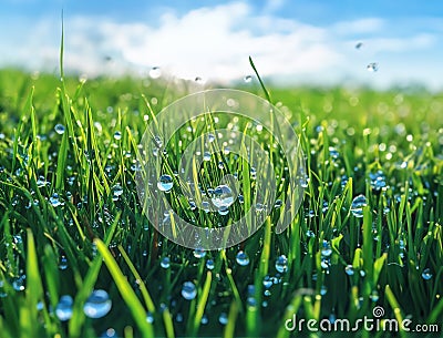 View of rain drops on blades of green grass in spring day Stock Photo