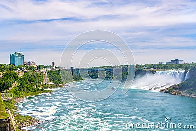 View at the Rainbow International bridge over Niagara river with American falls and Bridal Veil falls at USA territory. Editorial Stock Photo