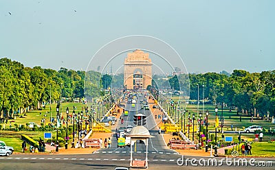 View of Rajpath ceremonial boulevard from the Secretariat Building towards the India Gate. New Delhi Editorial Stock Photo