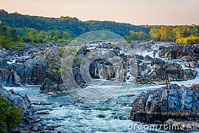View of rapids in the Potomac River at sunset, at Great Falls Pa Stock Photo