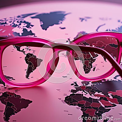 View on real life through pink glasses, embellish reality, sugarcoat concept. Fusion of fashion and travel, sense of Stock Photo