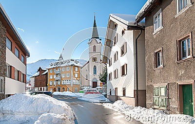 View of Realp in winter, is a Small Village close to the larger ski area of Andermatt in Switzerland Editorial Stock Photo