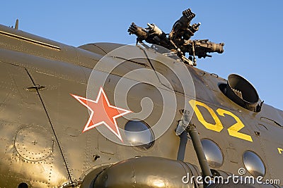 View of the red star on the hull of an old Soviet helicopter Stock Photo