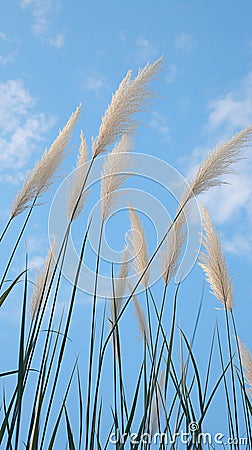 view Reed flower against bright blue sky Phragmites australis bottom view Stock Photo