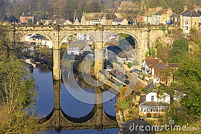 View of reflections of Knaresborough Viaduct, from Knaresborough Castle. Stock Photo