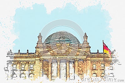 View of the Reichstag in Berlin. Cartoon Illustration