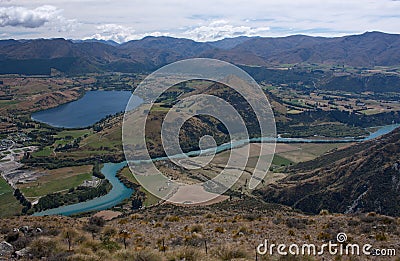 A view from the Remarkables at the landscape with the Kawarau River near Queenstown in New Zealand Stock Photo