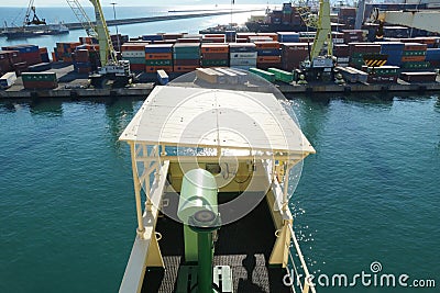 View on remote navigational console on the wing of ship bridge covered with Panama Canal shelter. Editorial Stock Photo