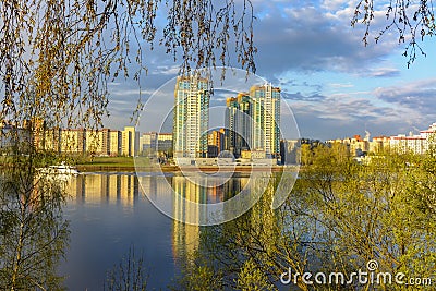 View of the residential area of St. Petersburg Rybatskoye from the opposite Bank Stock Photo