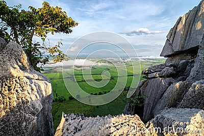 View of the rice field from the top of Khao Nor at Nakhon Sawan, Thailand. Stock Photo