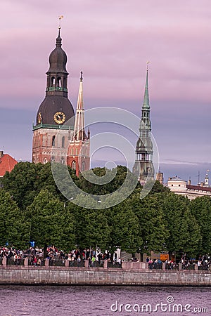 View of Riga old town, view from Daugava river at sunset Editorial Stock Photo