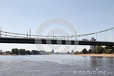 View right through the mÃ¼hlheimer bridge in cologne watched from the rhine sight during the sightseeing boat trip Editorial Stock Photo