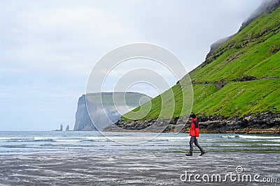 View of Risin and Kellingin cliffs from Tjornuvik. Streymoy Island, Faroe islands Stock Photo