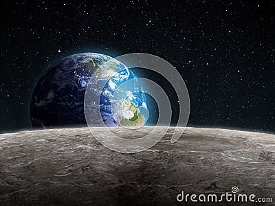 View of the rising Earth seen from the Moon Stock Photo