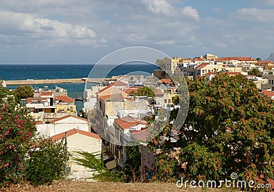 View of the road to the sea through the houses, Chania Stock Photo