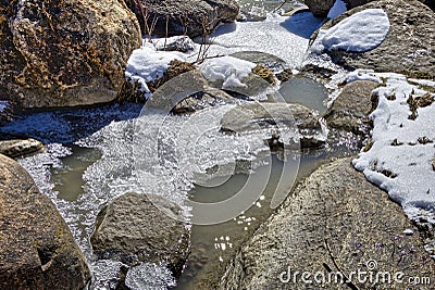 View of rocks and melting ice in the riverbank Stock Photo