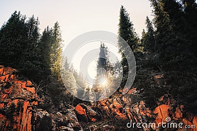 View of the rocks in the Semenovsky gorge in the mountains of Kyrgyzstan. Stock Photo