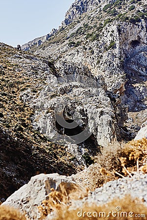 View of the rocky mountains of the Kourtaliotiko Gorge, Crete, Greece Stock Photo