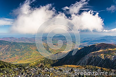 View of the rocky, rugged White Mountains from the summit of Mount Washington, New Hampshire. Stock Photo